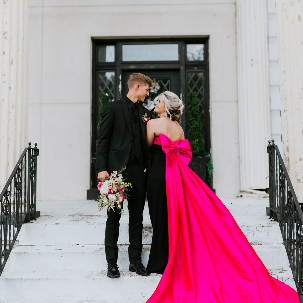 Elegant Black and Pink Gown with Bow